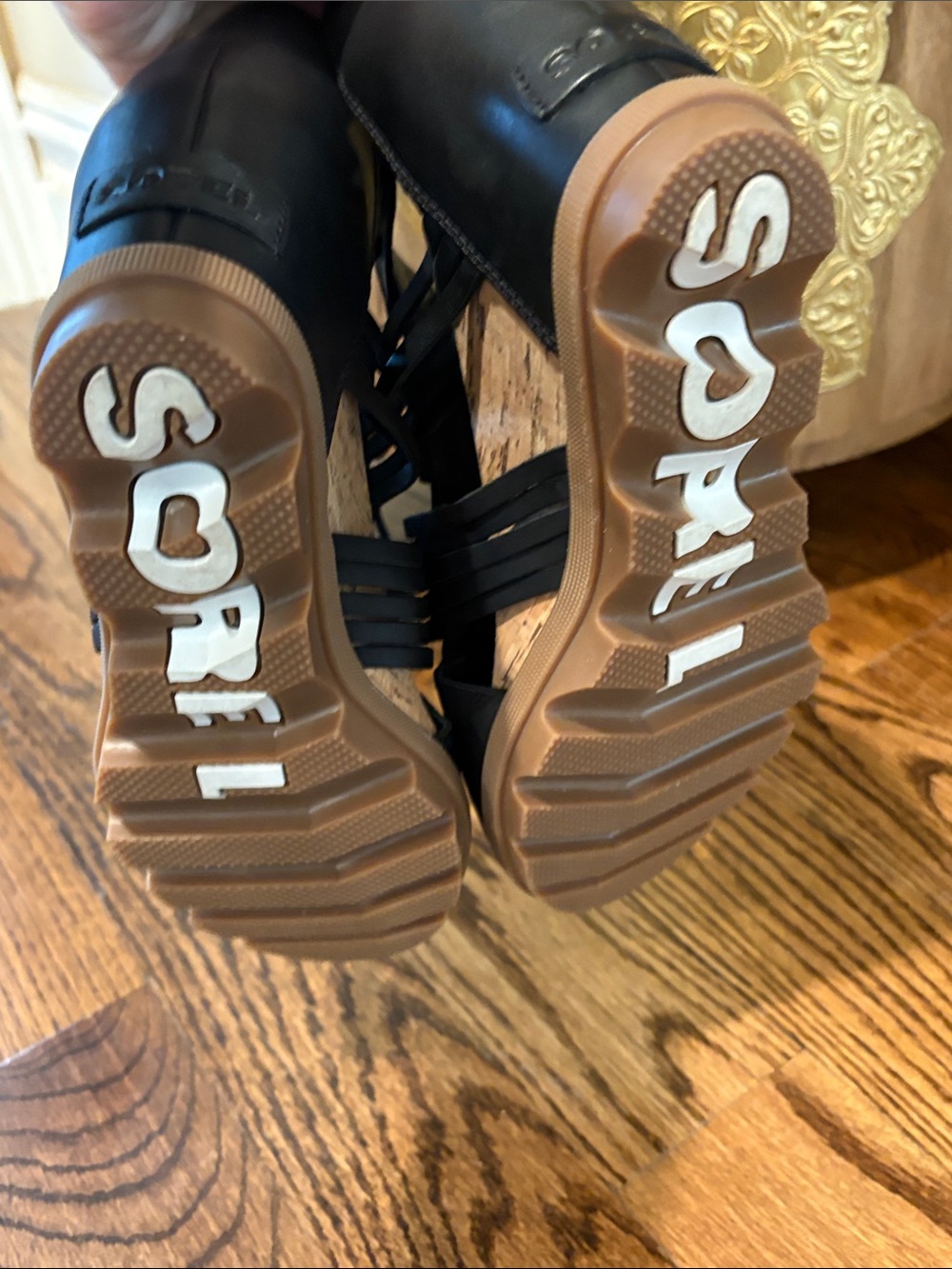 Sorel Black Lace-Up Wedge Sandals with Tan Sole size 9 - Picture 11 of 12